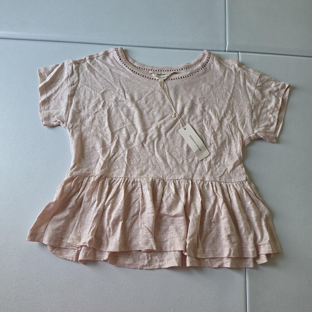 Rebecca Taylor Tee Shirt Womens Medium Pink Linen Ruffle Peplum Jersey Top